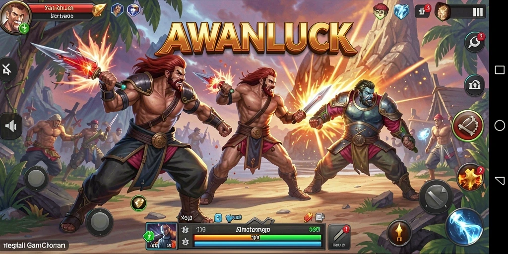 Gameplay utama AWANLUCK dengan pertarungan epik dan karakter unik.