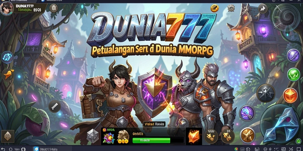 Screenshot permainan DUNIA777 menampilkan pertempuran epik di dunia MMORPG.