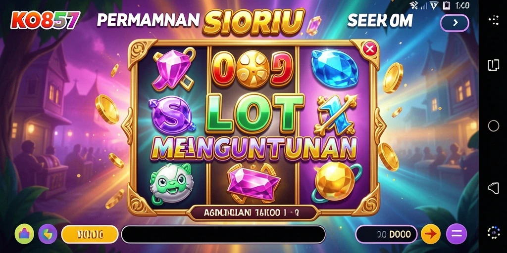 Screenshot gameplay KO857 menampilkan mesin slot dengan tema menarik dan simbol berwarna-warni.