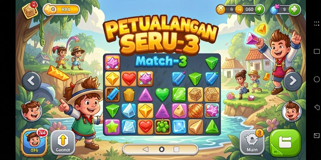 Screenshot gameplay RR44 menampilkan kombinasi warna-warni permata.